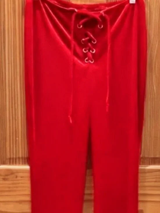 Red Lace Up Velvet Bell Bottom Pants - Picture 1 of 5